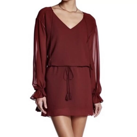 Haute Hippie XS Burgundy V-Neck Mini Dress With Tassel Boho Accents MSRP $695 - Picture 2 of 12